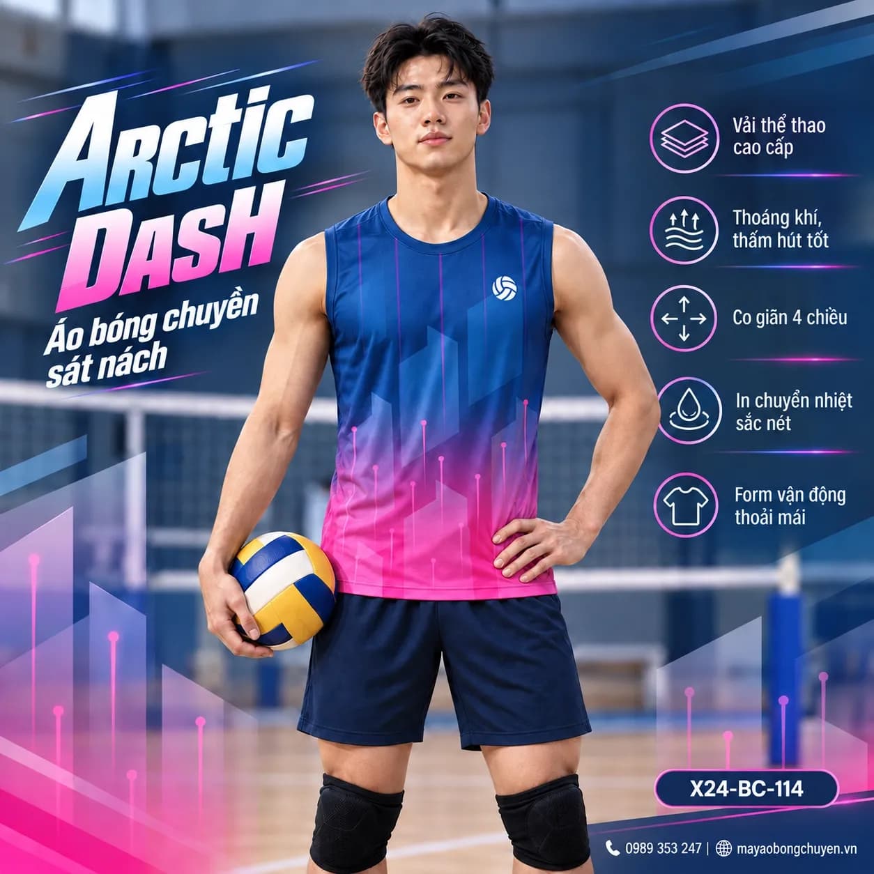 Áo bóng chuyền sát nách Arctic Dash xanh hồng X24-BC-114 trên người mẫu nam