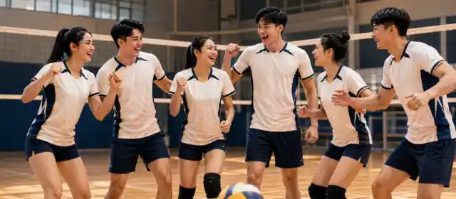 Đội bóng chuyền nam nữ mặc áo kem navy ăn mừng trên sân trong nhà